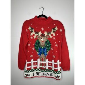 Beldoch Popper Christmas Reindeer Tunic Sweater Embroidered Women's Size Small